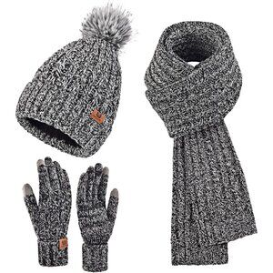 Women’s Black White Winter Beanie Hat Scarf & Touchscreen Gloves 3-in-1 Gift